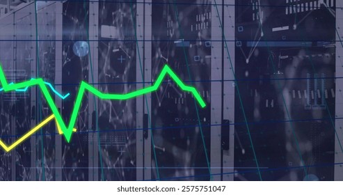 Image of financial data processing over computer servers. Global finance, business, connections, computing and data processing concept digitally generated image.