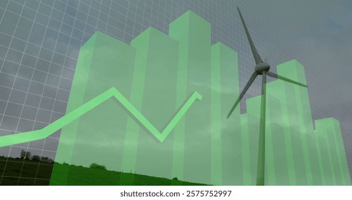 Image of financial data processing over wind turbines. Global wind energy, environment, finance, business, connections, computing and data processing concept digitally generated image.