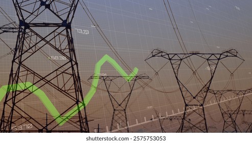 Image of financial data processing over electric pylons. Global environment, finance, business, connections, computing and data processing concept digitally generated image. - Powered by Shutterstock - Get 15% off with code: PIKWIZARD15