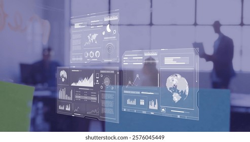Image of financial data processing over caucasian businesswoman in office. Global finance, business, connections, computing and data processing concept digitally generated image.