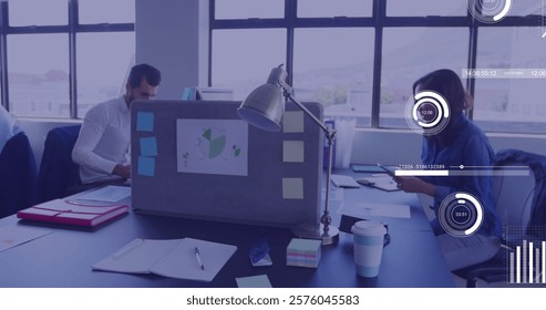 Image of financial data processing over biracial businesswoman using smartphone in office. Global finance, business, connections, computing and data processing concept digitally generated image.