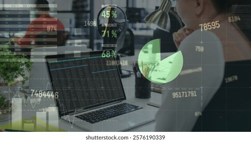 Image of financial data processing over caucasian businesswoman using computer in office. Global finance, business, connections, computing and data processing concept digitally generated image. - Powered by Shutterstock - Get 15% off with code: PIKWIZARD15