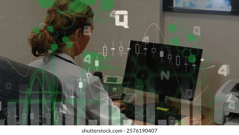 Image of financial data processing over caucasian businesswoman using computer in office. Global finance, business, connections, computing and data processing concept digitally generated image.
