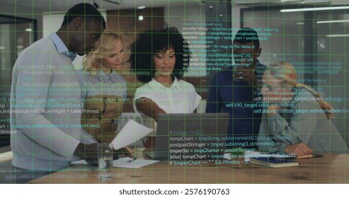 Image of financial data processing over diverse business people in office. Global finance, business, connections, computing and data processing concept digitally generated image.