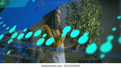 Image of financial data processing over caucasian businesswoman in office. Global finance, business, connections, computing and data processing concept digitally generated image.