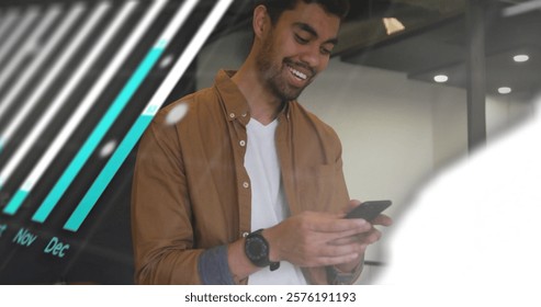 Image of financial data processing over biracial businessman in office. Global finance, business, connections, computing and data processing concept digitally generated image.