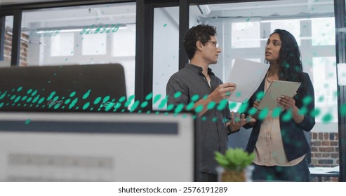Image of financial data processing over diverse business people in office. Global finance, business, connections, computing and data processing concept digitally generated image.