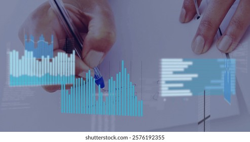 Image of financial data processing over caucasian businesswoman writing. Global finance, business, connections, computing and data processing concept digitally generated image.