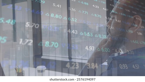 Image of financial data processing over caucasian businessman in office. Global finance, business, connections, computing and data processing concept digitally generated image.
