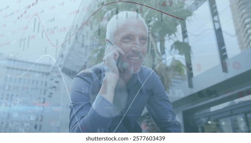 Image of financial data processing over caucasian man using smartphone. Global finance, business, connections, computing and data processing concept digitally generated image - Powered by Shutterstock - Get 15% off with code: PIKWIZARD15