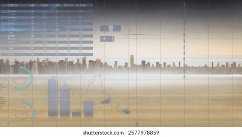 Image of financial data processing over cityscape. Global finance, business, connections, computing and data processing concept digitally generated image.