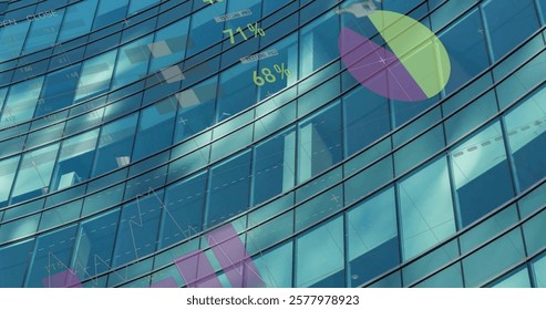 Image of financial data processing over office building in city. Global finance, business, connections, computing and data processing concept digitally generated image.