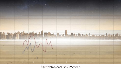 Image of financial data processing over cityscape. Global finance, business, connections, computing and data processing concept digitally generated image.