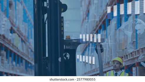 Image of financial data processing over caucasian man working in warehouse. Global shipping, finance, business, connections, computing and data processing concept digitally generated image.