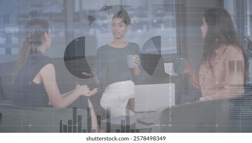 Image of financial data processing over diverse business people in office. Global finance, business, connections, computing and data processing concept digitally generated image.
