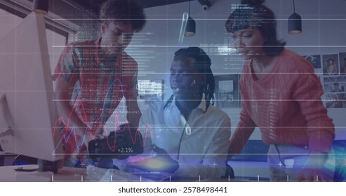 Image of financial data processing over diverse business people in office. Global finance, business, connections, computing and data processing concept digitally generated image.
