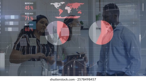 Image of financial data processing over diverse business people in office. Global finance, business, connections, computing and data processing concept digitally generated image.