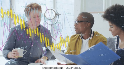 Image of financial data processing over diverse business people in office. Global finance, business, connections, computing and data processing concept digitally generated image.