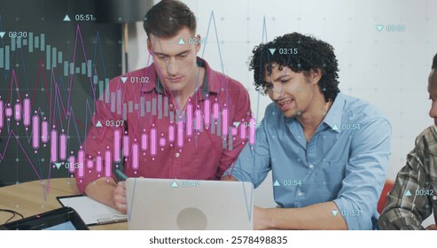 Image of financial data processing over diverse business people in office. Global finance, business, connections, computing and data processing concept digitally generated image.