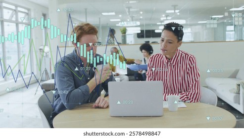 Image of financial data processing over diverse business people in office. Global finance, business, connections, computing and data processing concept digitally generated image.