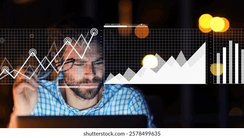 Image of financial data processing over caucasian businessman using laptop in office. Global finance, business, connections, computing and data processing concept digitally generated image.