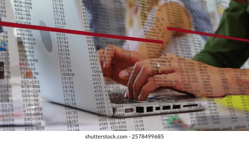 Image of financial data processing over caucasian businesswoman using laptop in office. Global finance, business, connections, computing and data processing concept digitally generated image.