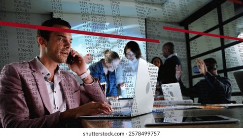 Image of financial data processing over diverse business people in office. Global finance, business, connections, computing and data processing concept digitally generated image.