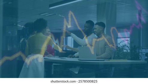 Image of financial data processing over diverse business people in office. Global finance, business, connections, computing and data processing concept digitally generated image.