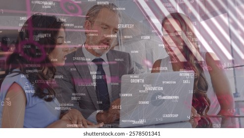 Image of financial data processing over diverse business people in office. Global finance, business, connections, computing and data processing concept digitally generated image.