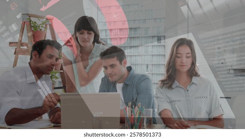 Image of financial data processing over diverse business people in office. Global finance, business, connections, computing and data processing concept digitally generated image.