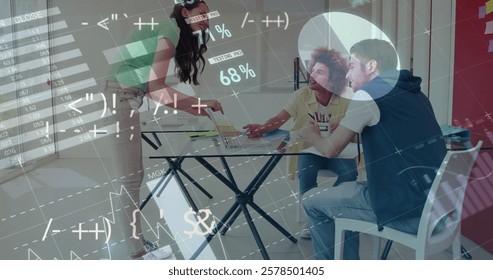 Image of financial data processing over diverse business people in office. Global finance, business, connections, computing and data processing concept digitally generated image.