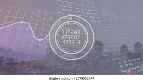 Image of financial data processing over cityscape. Global finance, business, connections, computing and data processing concept digitally generated image.