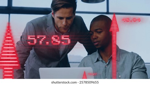 Image of financial data processing over diverse colleagues discussing work in office. Global business, finances, computing and digital interface concept digitally generated image.
