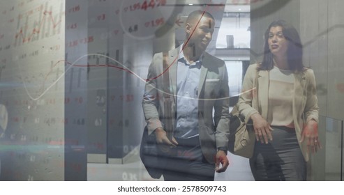 Image of financial data processing over diverse colleagues discussing work in office. Global business, finances, computing and digital interface concept digitally generated image.