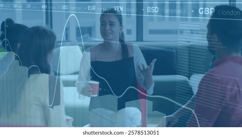 Image of financial data processing over diverse business people in office. Global finance, business, connections, computing and data processing concept digitally generated image.