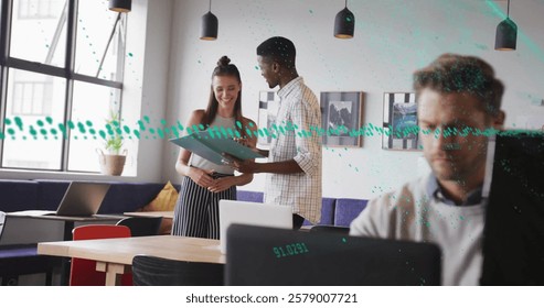 Image of financial data processing over diverse business people in office. Global finance, business, connections, computing and data processing concept digitally generated image.