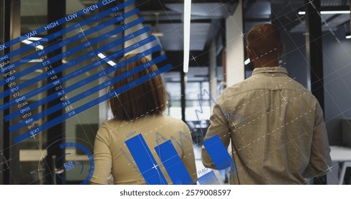 Image of financial data processing over diverse business people in office. Global finance, business, connections, computing and data processing concept digitally generated image.