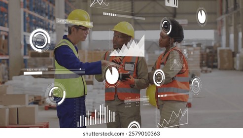 Image of financial data processing over diverse people working in warehouse. Global shipping, finance, business, connections, computing and data processing concept digitally generated image.