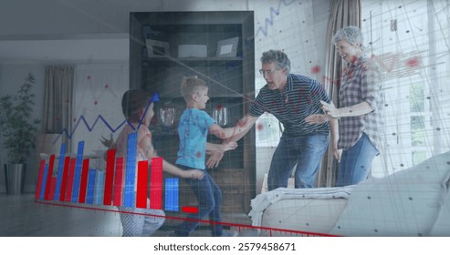 Image of financial data processing over grandparents with grandchildren in house. Global finance, business, connections, computing and data processing concept digitally generated image.