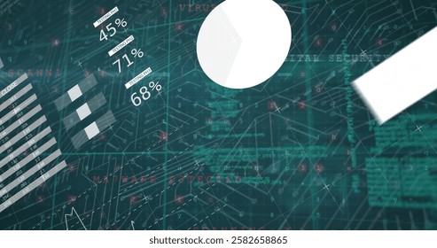 Image of financial data processing over computer circuit board on green background. Global business, connections, finances and digital interface concept digitally generated image.