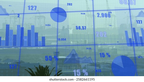 Image of financial data processing over cityscape. Global finance, business, connections, computing and data processing concept digitally generated image.