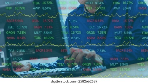 Image of financial data processing over caucasian businessman in headset using computer. Business, digital interface, connection, network and communication, digitally generated image.