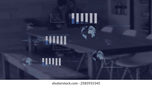 Image of financial data processing over diverse colleagues in office. Global business, finances, computing and digital interface concept digitally generated image.