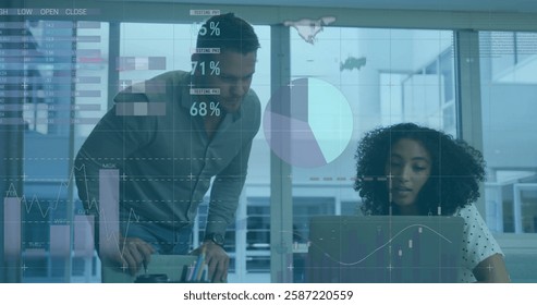 Image of financial data processing over diverse colleagues discussing work in office. Global business, finances, computing and digital interface concept digitally generated image.