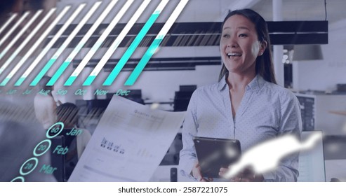 Image of financial data processing over diverse colleagues discussing work in office. Global business, finances, computing and digital interface concept digitally generated image.