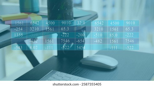 Image of financial data processing over desk in office. Global finance, business, connections, computing and data processing concept digitally generated image.