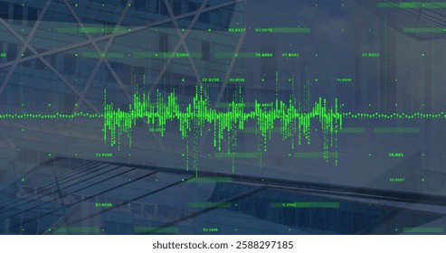 Image of financial data processing over city. Global finance, business, connections, computing and data processing concept digitally generated image.
