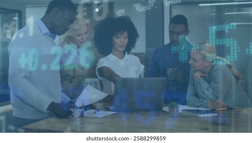 Image of financial data processing over diverse business people in office. Global finance, business, connections, computing and data processing concept digitally generated image.