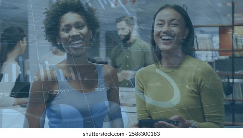Image of financial data processing over diverse business people in office. Global finance, business, connections, computing and data processing concept digitally generated image.