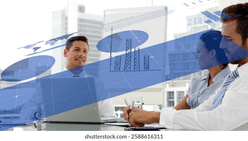 Image of financial data processing over diverse colleagues having meeting in office. Global business, finances, computing and digital interface concept digitally generated image.